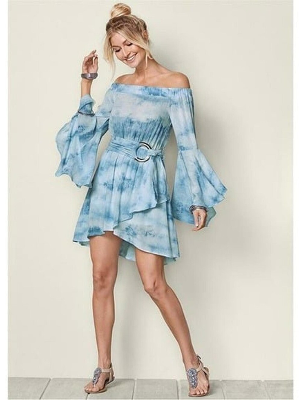 VENUS Off-Shoulder Tie-Dye Blue Bell-Sleeve Mini Dress with Belt